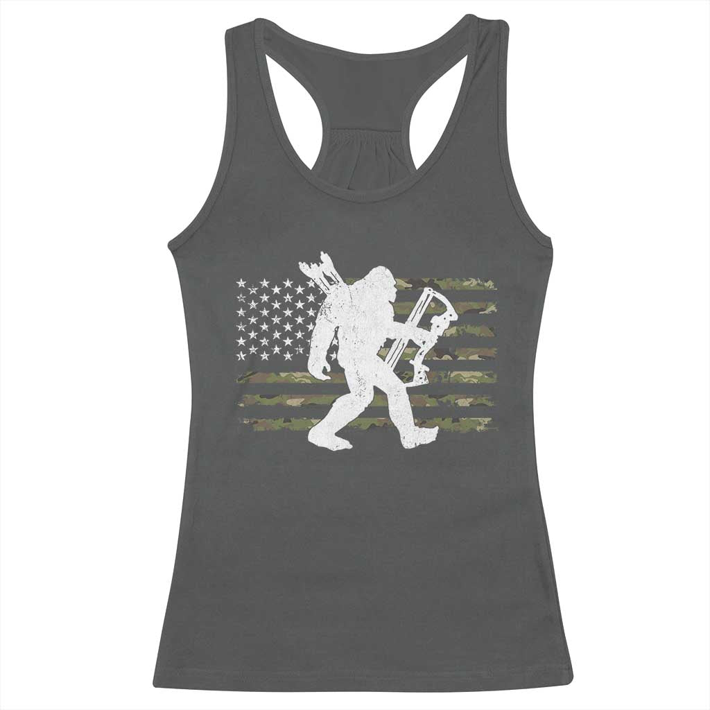 Bow Hunting Archer Bigfoot Racerback Tank Top Sasquatch Camo US Flag Hunter Dad TS10 Dark Heather Print Your Wear