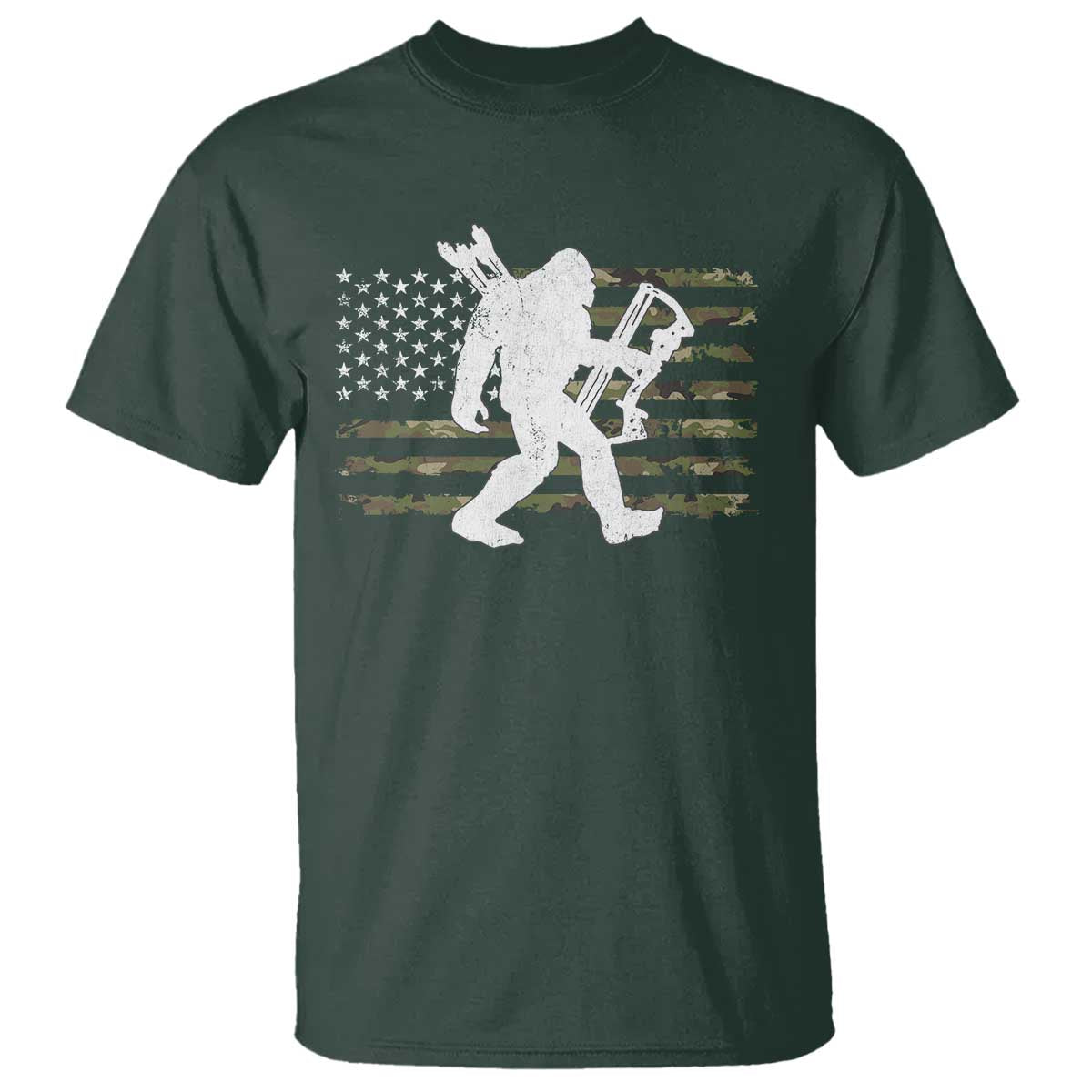 Bow Hunting Archer Bigfoot T Shirt Sasquatch Camo US Flag Hunter Dad TS10 Dark Forest Green Print Your Wear