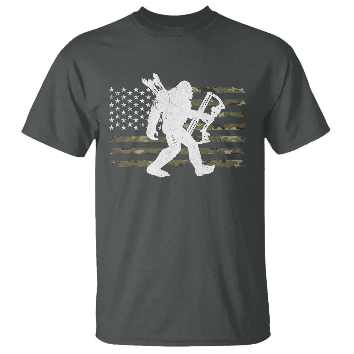 Bow Hunting Archer Bigfoot T Shirt Sasquatch Camo US Flag Hunter Dad TS10 Dark Heather Print Your Wear