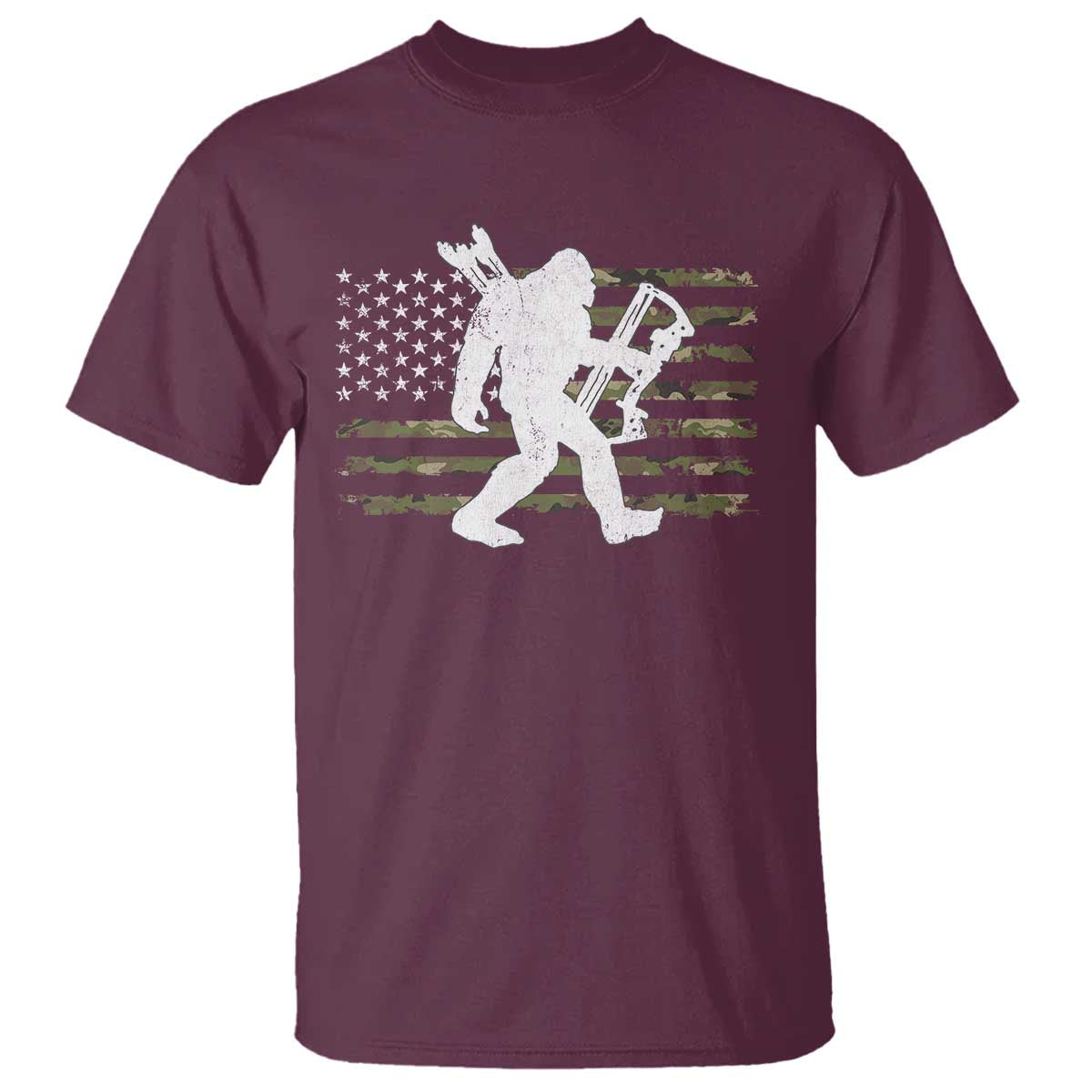 Bow Hunting Archer Bigfoot T Shirt Sasquatch Camo US Flag Hunter Dad TS10 Maroon Print Your Wear