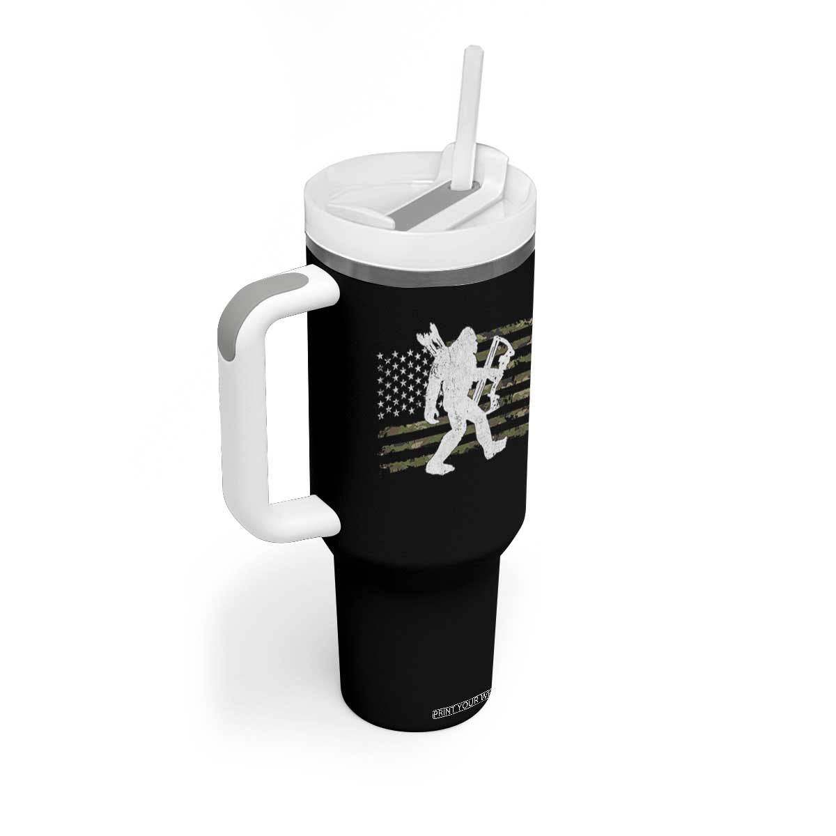 Bow Hunting Archer Bigfoot Tumbler With Handle Sasquatch Camo US Flag Hunter Dad TS10 Print Your Wear