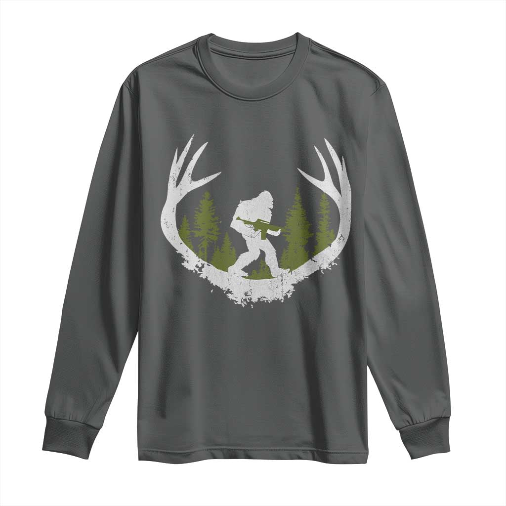 Bigfoot Gun Owner Long Sleeve Shirt Retro Deer Hunting Sasquatch Hunter Dad TS10 Dark Heather Print Your Wear