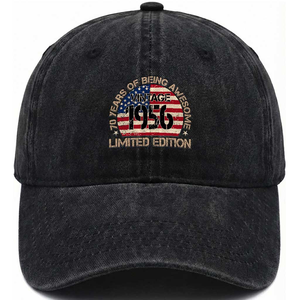 70th Birthday Washed Cotton Baseball Cap Vintage 1956 70 Year Old Birthday USA Flag TS10 Washed Cap Universal Fit Black Print Your Wear