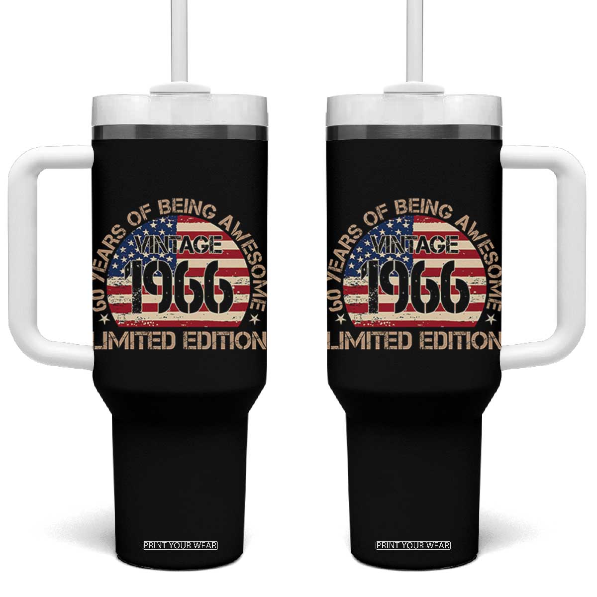 60th Birthday Tumbler With Handle - Vintage 1966 - 60 Year Old Birthday USA Flag TS10 One Size: 40 oz Black Print Your Wear