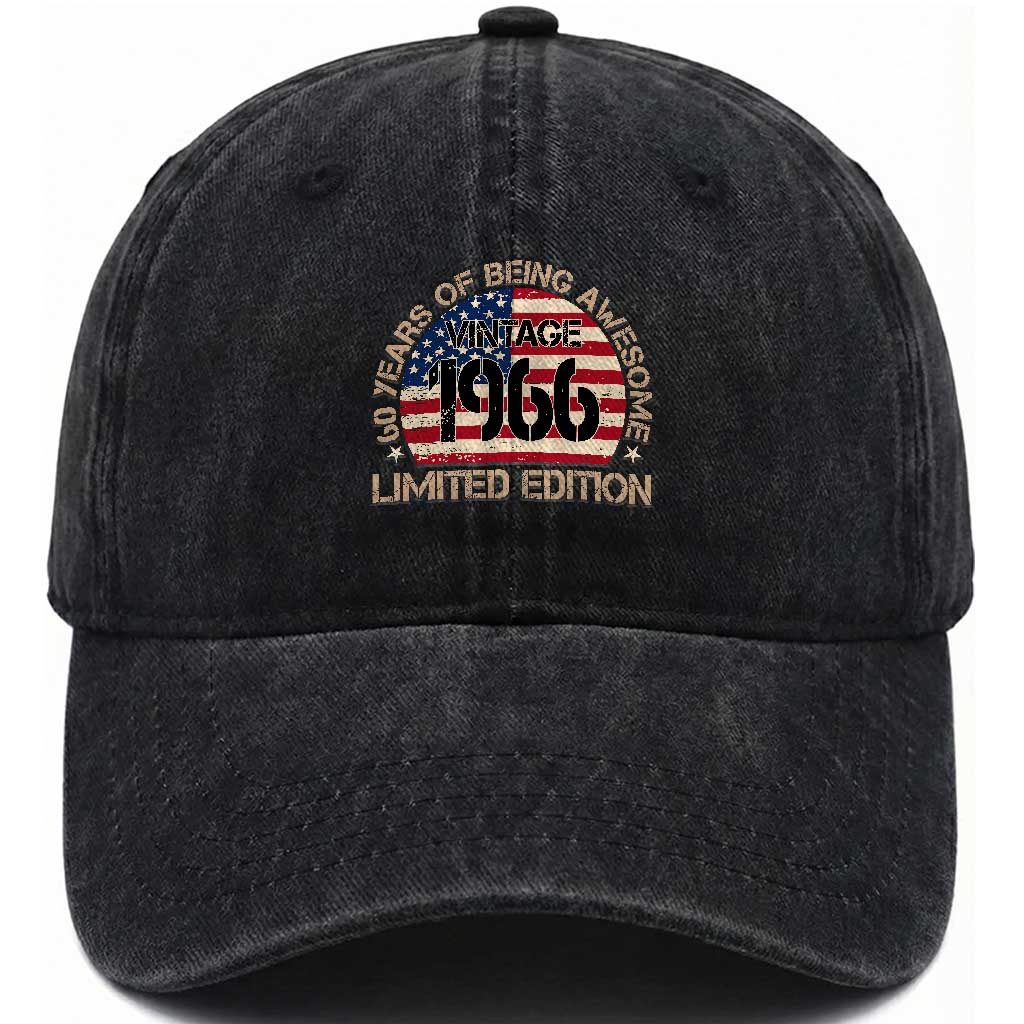60th Birthday Washed Cotton Baseball Cap Vintage 1966 60 Year Old Birthday USA Flag TS10 Washed Cap Universal Fit Black Print Your Wear