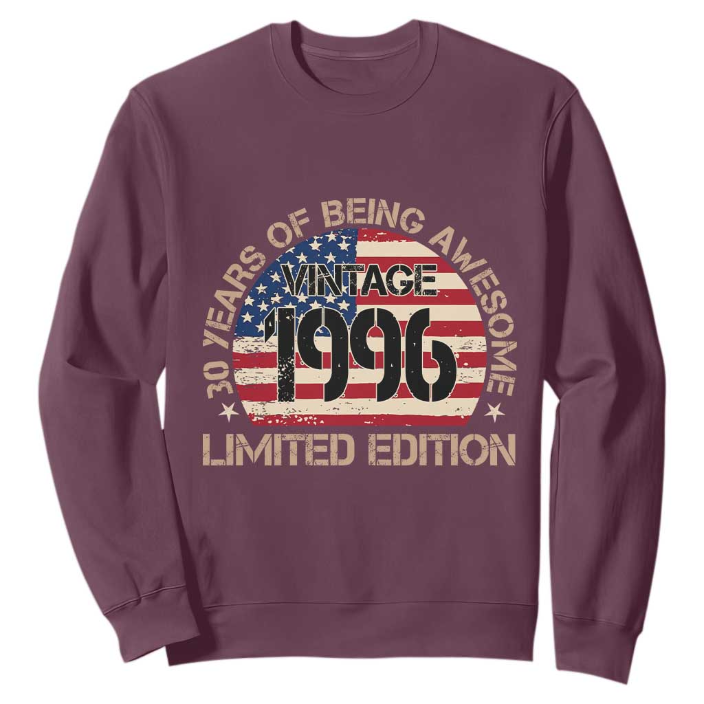 30th Birthday Sweatshirt Vintage 1996 30 Year Old Birthday USA Flag TS10 Maroon Print Your Wear