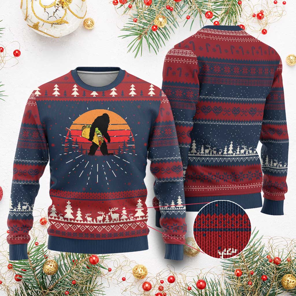 Retro Bigfoot Taco Knit Sweatshirt Funny Cinco de Mayo Sasquatch Lovers TS10 Burgundy Print Your Wear