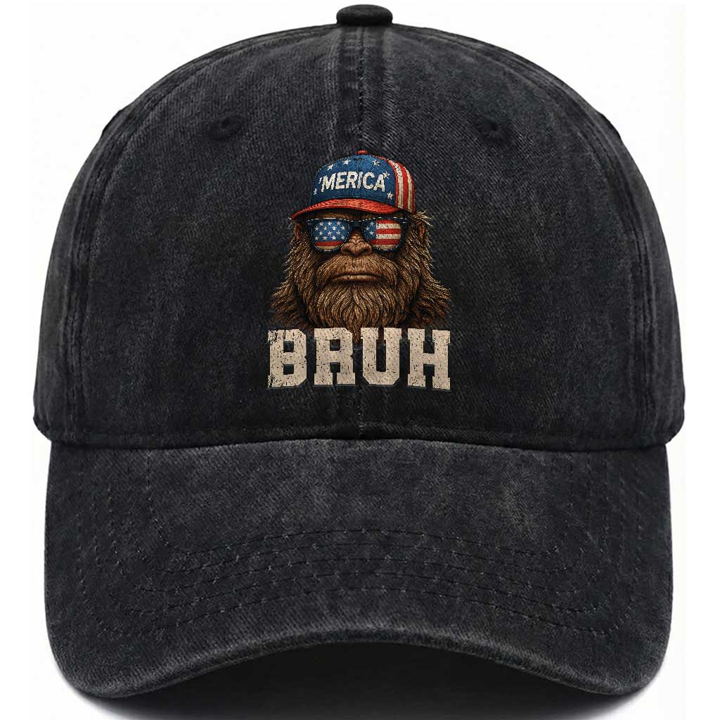 Bruh Bigfoot Merica Washed Cotton Baseball Cap American Flag Patriotic 4th Of July TS10 Washed Cap Universal Fit Black Print Your Wear