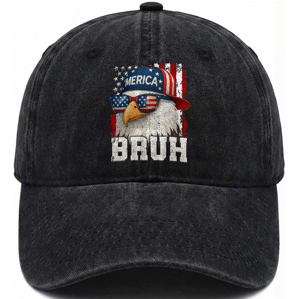 Bruh 'Merica Bald Eagle 4th of July Washed Cotton Baseball Cap Patriotic USA Flag TS10 Washed Cap Universal Fit Black Print Your Wear