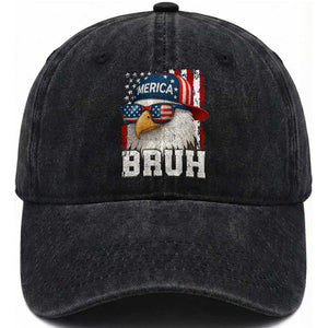 Bruh 'Merica Bald Eagle 4th of July Washed Cotton Baseball Cap Patriotic USA Flag TS10 Washed Cap Universal Fit Black Print Your Wear