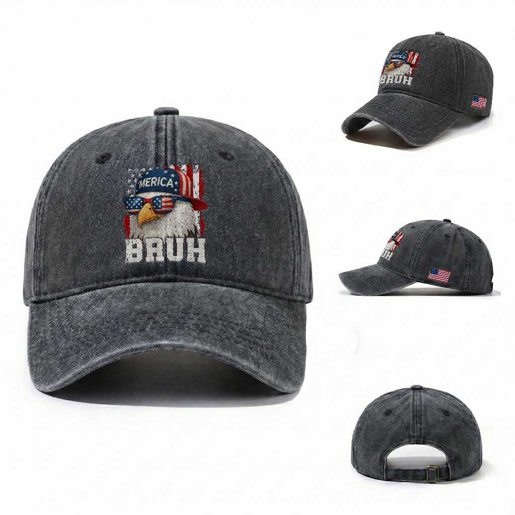 Bruh 'Merica Bald Eagle 4th of July Washed Cotton Baseball Cap Patriotic USA Flag TS10 Washed Cap Universal Fit Dark Gray Print Your Wear
