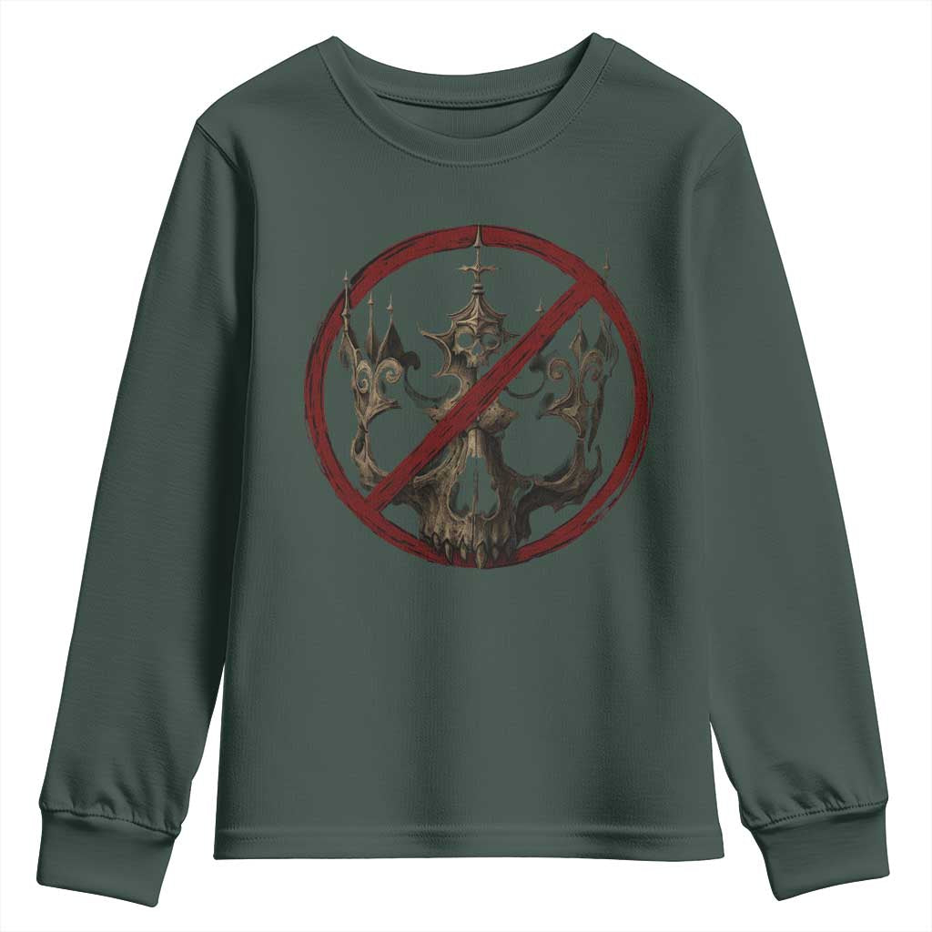 No Kings in America Youth Sweatshirt Skull Crown Nope Kings TS10 Dark Forest Green Print Your Wear