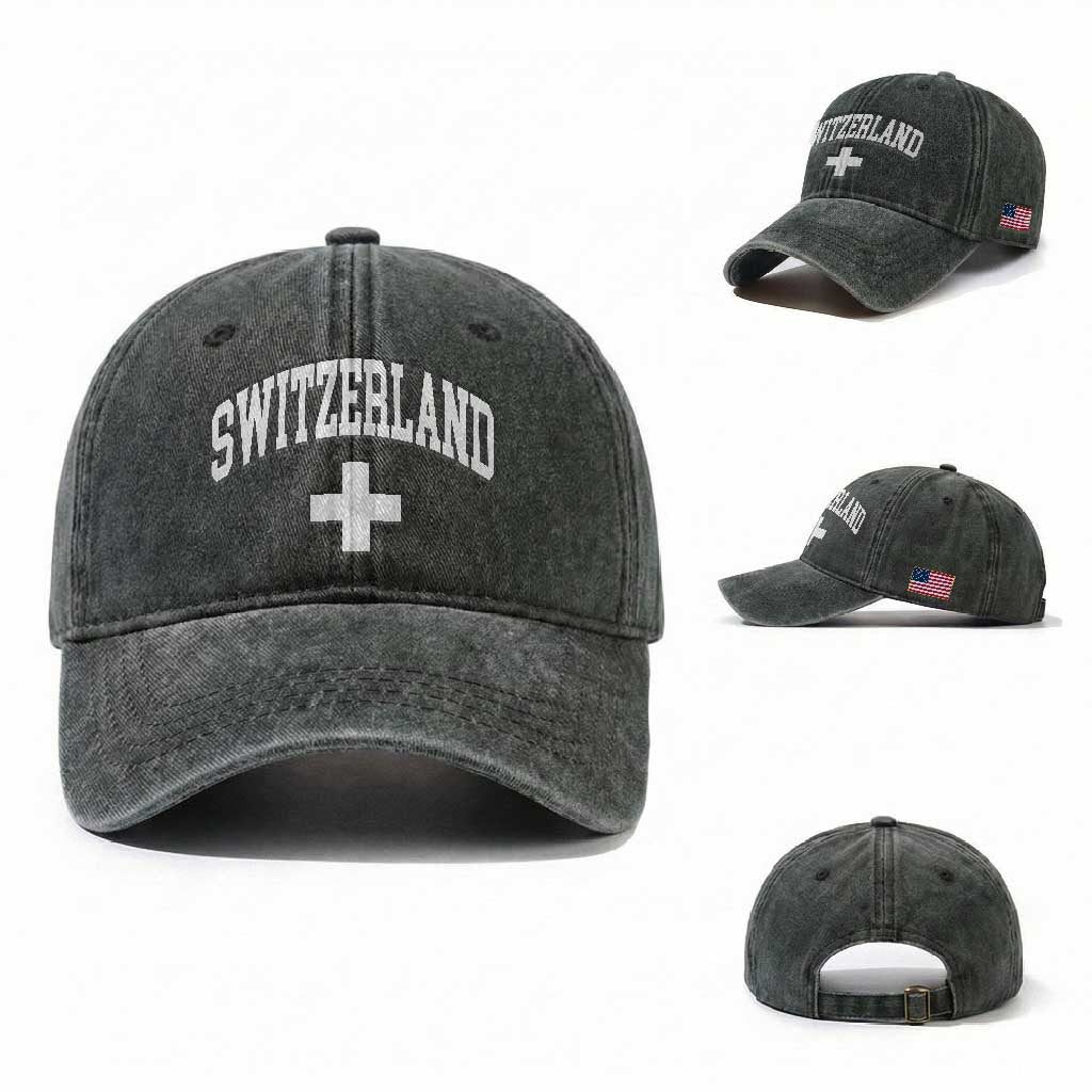 Switzerland Flag Vintage Washed Cotton Baseball Cap Swiss Retro Vintage TS10 Washed Cap Universal Fit Dark Green Print Your Wear