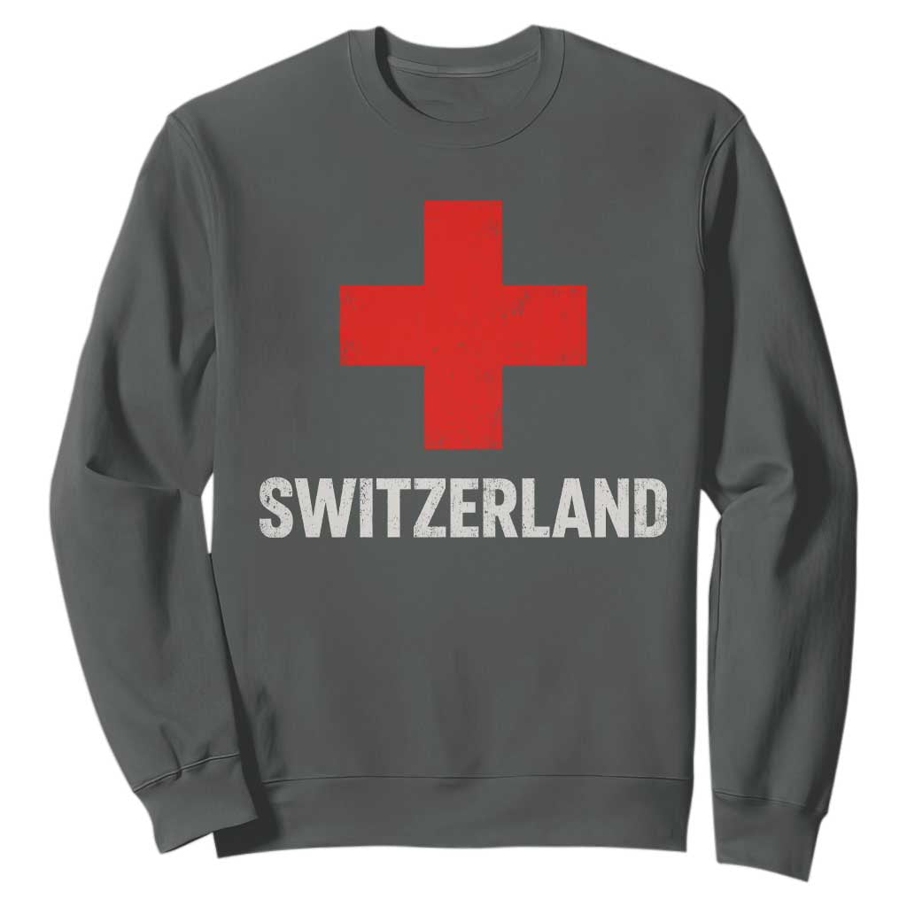 Vintage Retro Switzerland Fan Sweatshirt Swiss Cross Flag TS10 Dark Heather Print Your Wear