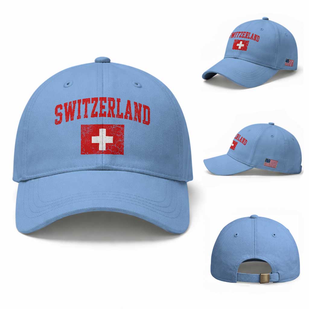 Switzerland Fan Baseball Cap Vintage Retro Swiss Cross Flag TS10 Baseball Cap Universal Fit Light Blue Print Your Wear