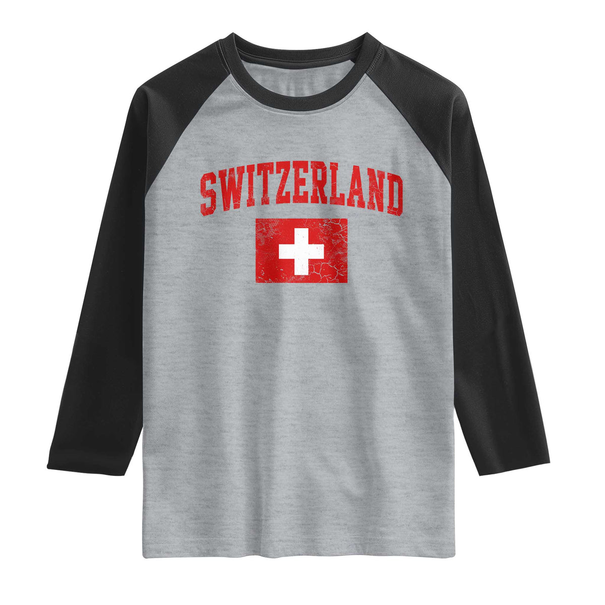 Switzerland Fan Raglan Shirt Vintage Retro Swiss Cross Flag TS10 Heather Gray Black Print Your Wear