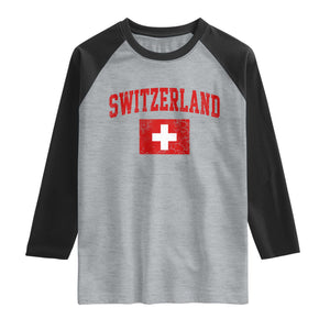 Switzerland Fan Raglan Shirt Vintage Retro Swiss Cross Flag TS10 Heather Gray Black Print Your Wear