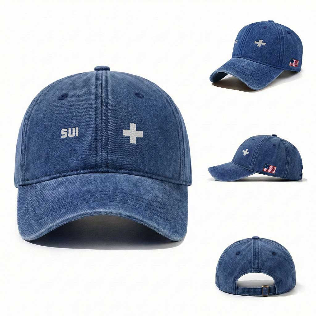 Switzerland Washed Cotton Baseball Cap Retro Swiss Flag TS10 Washed Cap Universal Fit Royal Blue Print Your Wear