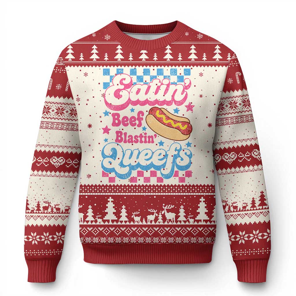 Hotdog Eatin Beef Blastin Queefs Inappropriate Ugly Christmas Sweater Retro Groovy Hotdog Meme Funny Cringe Offensive Humor TS10 Beige Red Print Your Wear