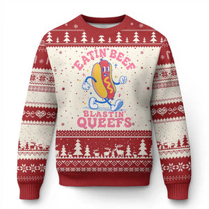 Hotdog Eatin Beef Blastin Queefs Inappropriate Ugly Christmas Sweater Funny Cringe Offensive Humor TS10 Beige Red Print Your Wear
