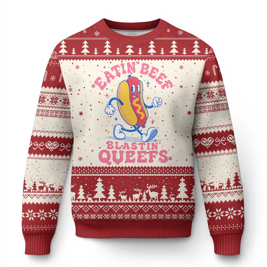 Hotdog Eatin Beef Blastin Queefs Inappropriate Ugly Christmas Sweater Funny Cringe Offensive Humor TS10 Beige Red Print Your Wear