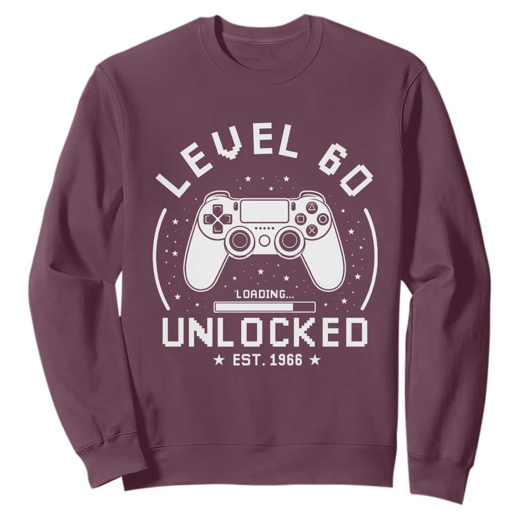 Level 60 Unlocked Video Gamer 60th Birthday Gift Sweatshirt Vintage 1966 60 Year Old Gift TS10 Maroon Print Your Wear