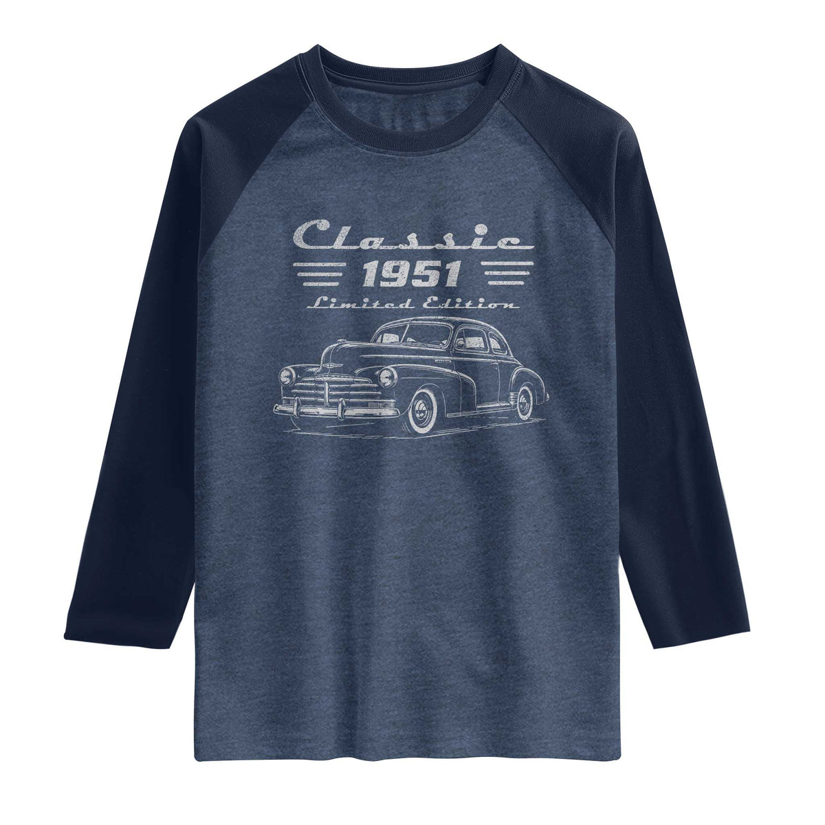 75th Birthday Raglan Shirt Vintage Retro Car Classic 1951 75 Year Old Gift TS10 Heather Denim Navy Print Your Wear