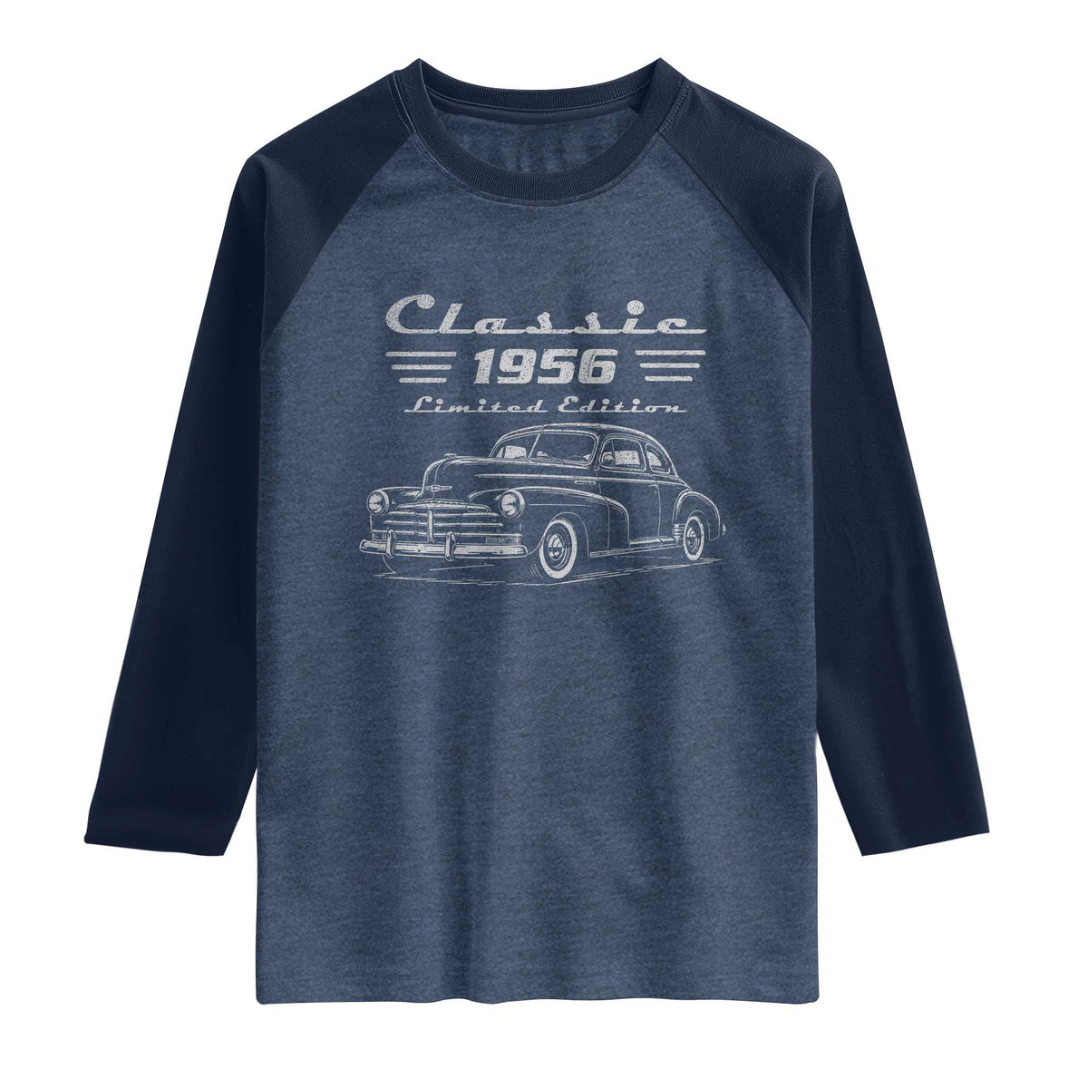 70th Birthday Raglan Shirt Vintage Retro Car Classic 1956 70 Year Old Gift TS10 Heather Denim Navy Print Your Wear