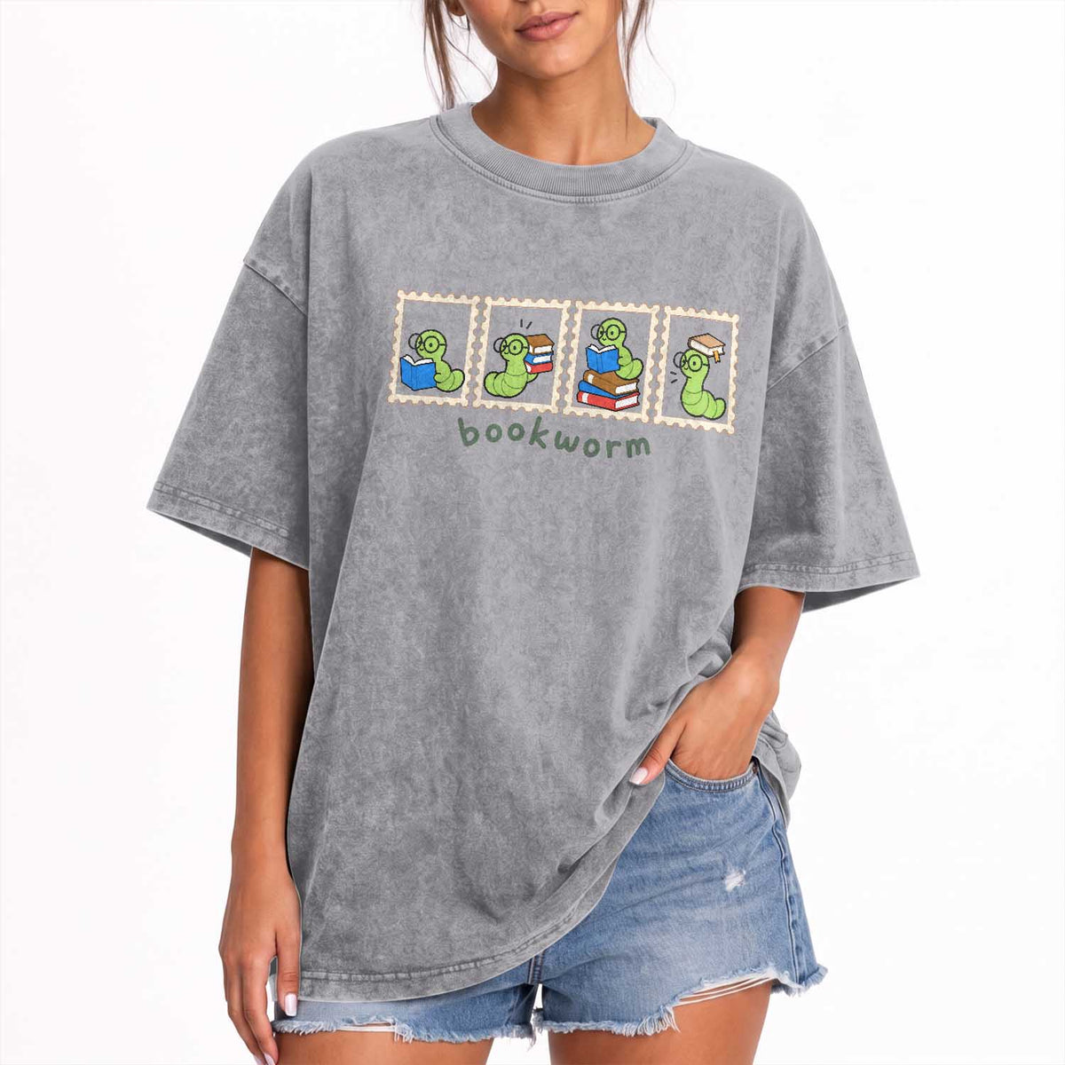 Bookworm Book Lovers Washed Cotton T-Shirt Cute Postage Stamp Graphic Librarian Reader Bookish Gifts
