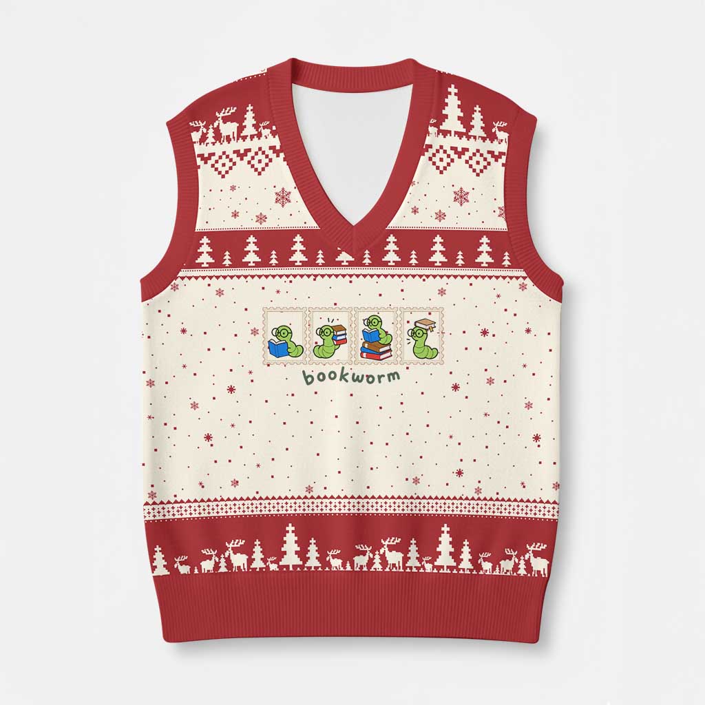 Bookworm Book Lovers V-Neck Knit Sweater Vest Cute Postage Stamp Graphic Librarian Reader Bookish Gifts