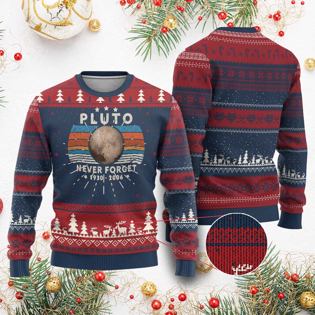 Never Forget Pluto Knit Sweatshirt 1930-2006 Retro Style Funny Space Science TS10 Burgundy Print Your Wear