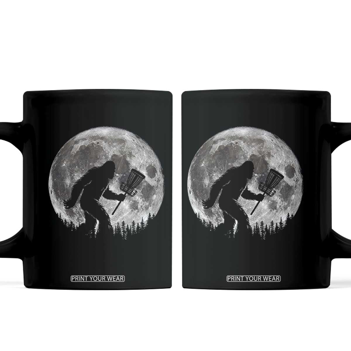 Disc Golf Bigfoot Coffee Mug Funny Cool Full Moon & Trees Sasquatch TS10 Black Print Your Wear