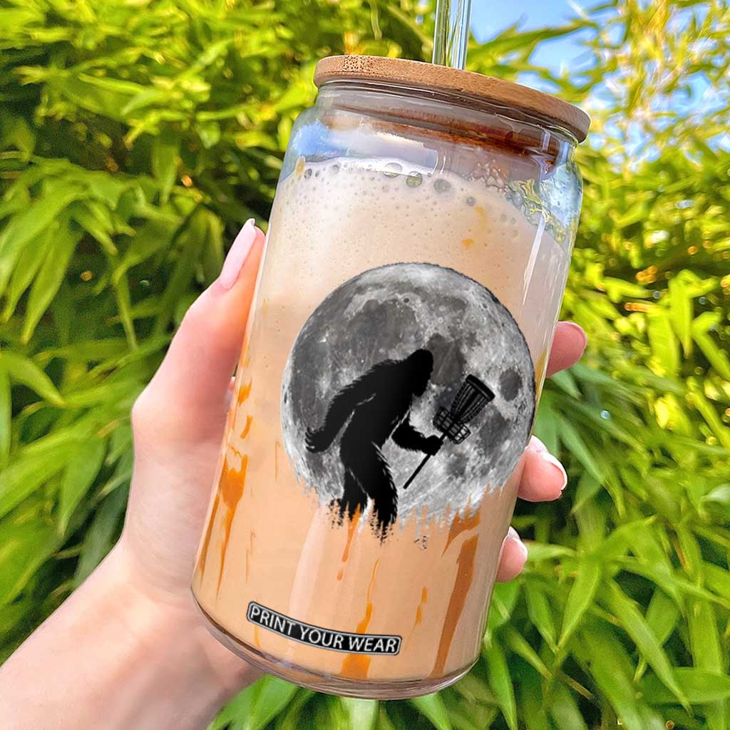 Disc Golf Bigfoot Glass Can Funny Cool Full Moon & Trees Sasquatch TS10 Black Print Your Wear