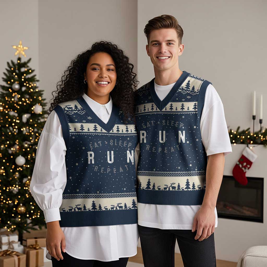 Eat Sleep Run Repeat V-Neck Knit Sweater Vest Marathon Runner TS10 Navy Beige Print Your Wear
