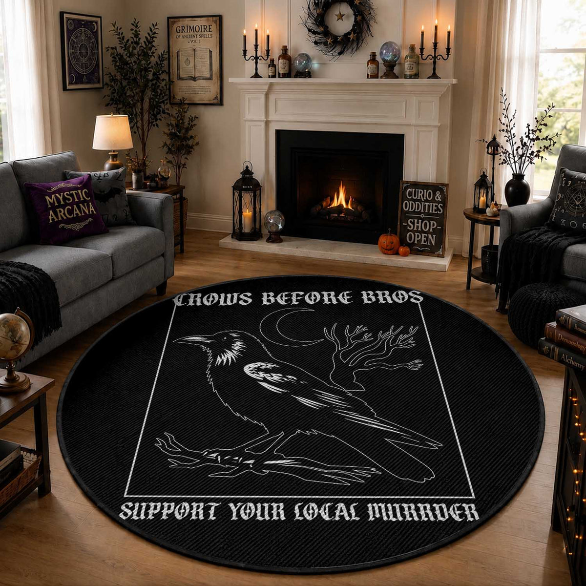 Crows Before Bros Support Your Local Murder Round Rug Funny Crow Lovers