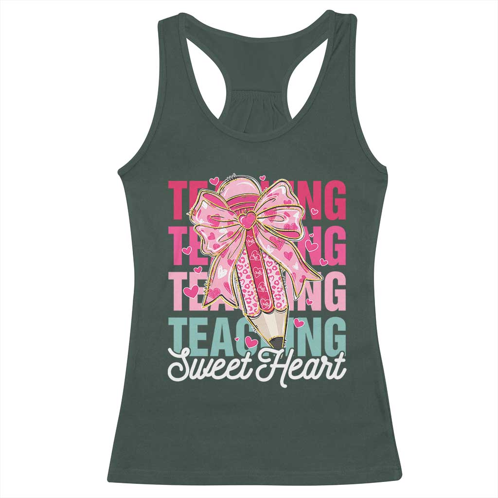Teacher Valentine Coquette Bow Racerback Tank Top Teaching Sweethearts TS10 Dark Forest Green Print Your Wear