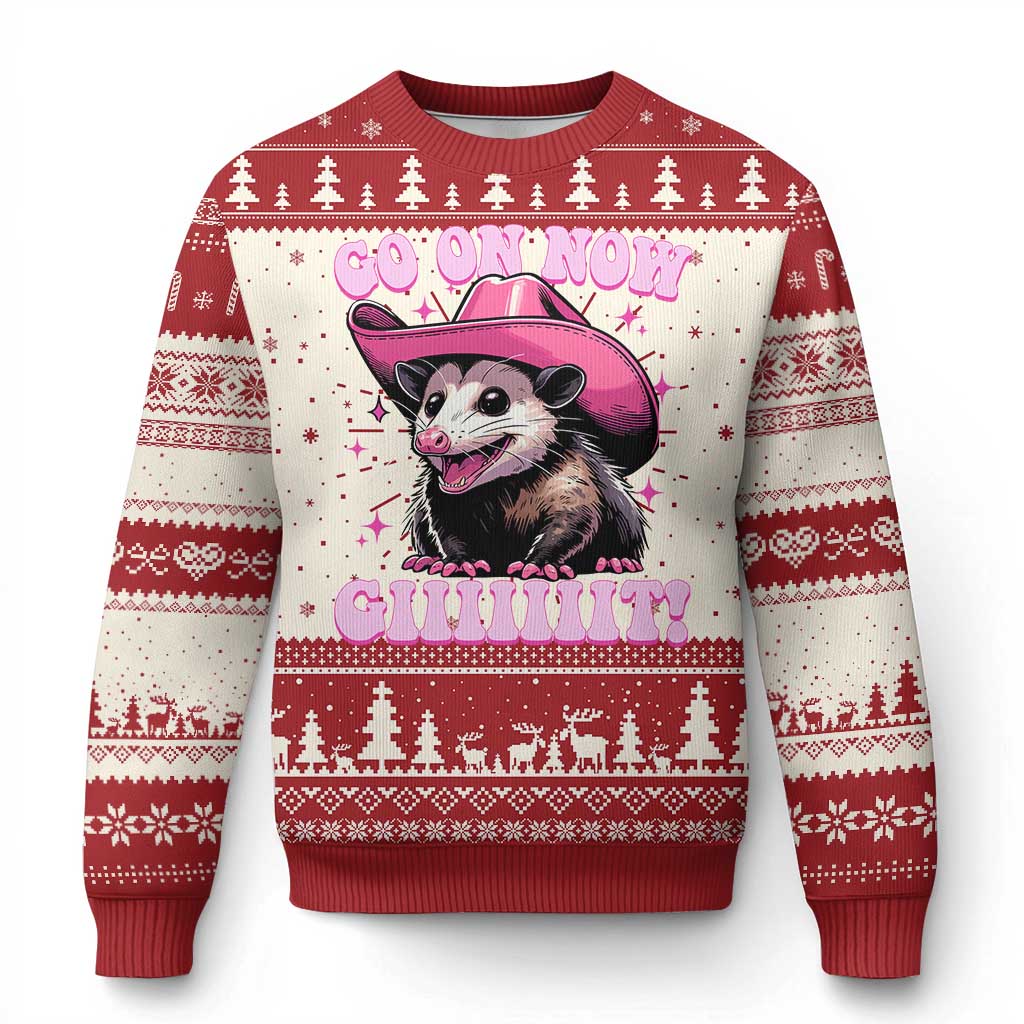 Cowboy Opossum Go On Now Git Knit Sweatshirt Funny Possum Pink Cowgirl Hat Western Wild West TS10 Red Print Your Wear