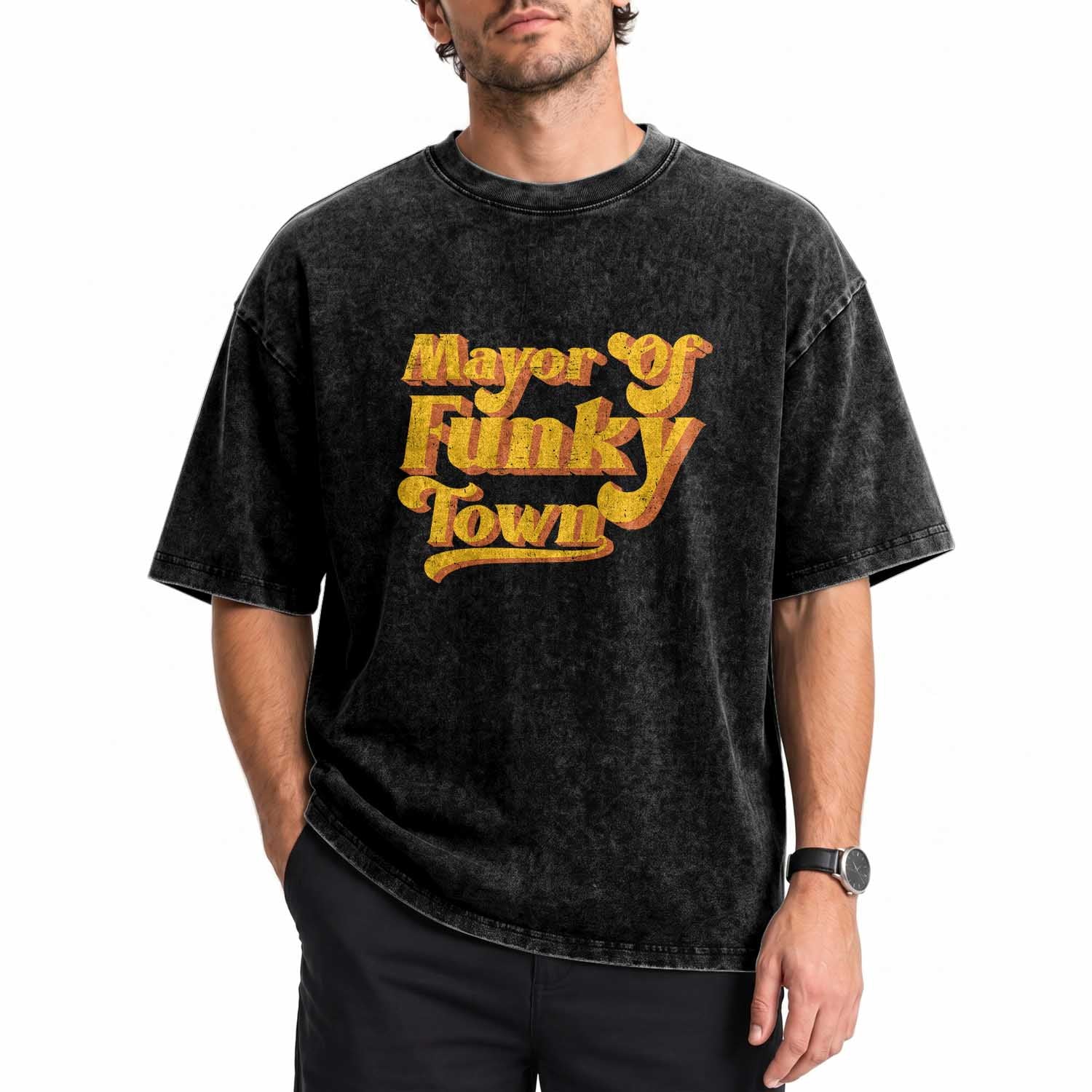 Retro Mayor of Funky Town Washed Cotton T-Shirt Funny Vintage 70s Disco Party