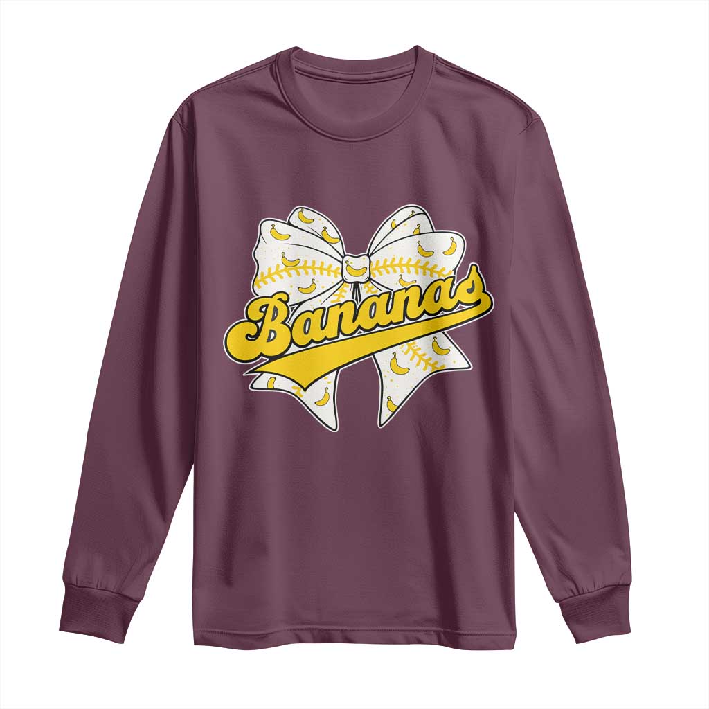 Bananas Coquette Bow Long Sleeve Shirt Retro Throwback Popular Fruit Humor Banana Classic TS10 Maroon Print Your Wear