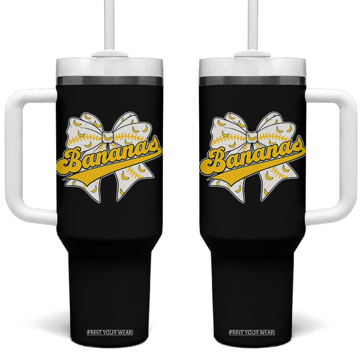 Bananas Coquette Bow Tumbler With Handle Retro Throwback Popular Fruit Humor Banana Classic TS10 One Size: 40 oz Black Print Your Wear