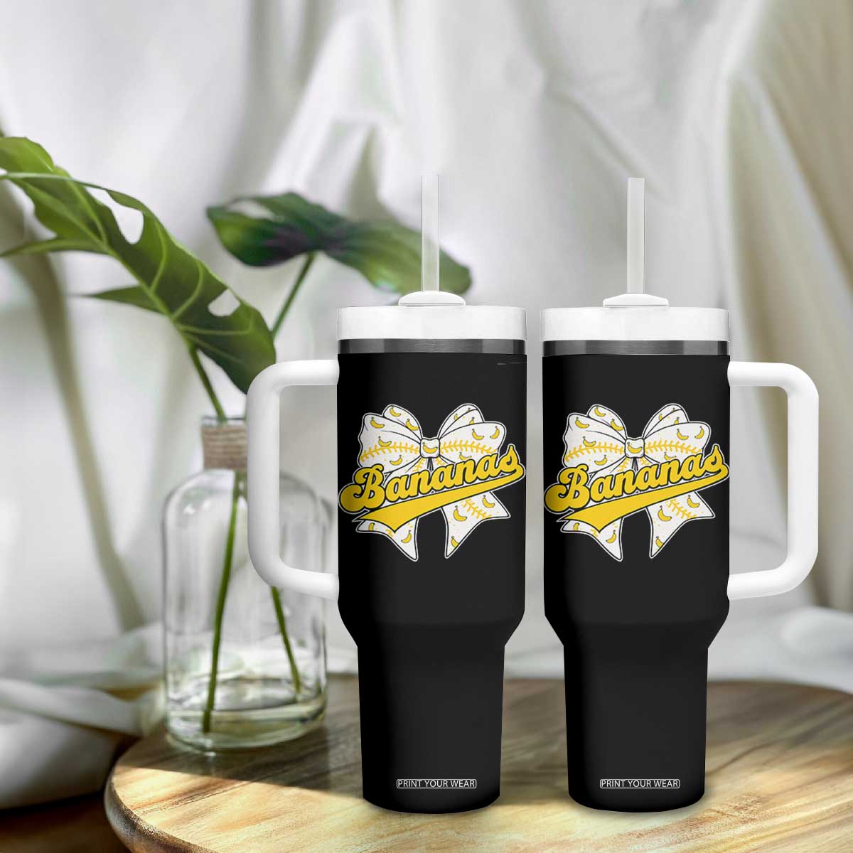 Bananas Coquette Bow Tumbler With Handle Retro Throwback Popular Fruit Humor Banana Classic TS10 Print Your Wear