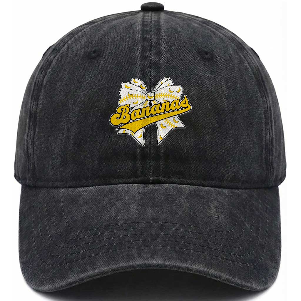 Bananas Coquette Bow Washed Cotton Baseball Cap Retro Throwback Popular Fruit Humor Banana Classic TS10 Washed Cap Universal Fit Black Print Your Wear