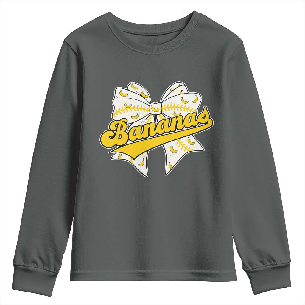 Bananas Coquette Bow Youth Sweatshirt Retro Throwback Popular Fruit Humor Banana Classic TS10 Dark Heather Print Your Wear