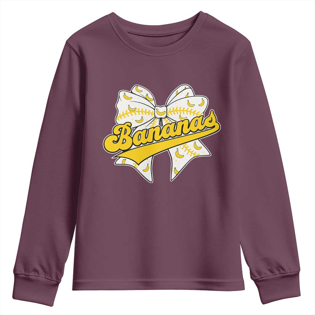 Bananas Coquette Bow Youth Sweatshirt Retro Throwback Popular Fruit Humor Banana Classic TS10 Maroon Print Your Wear