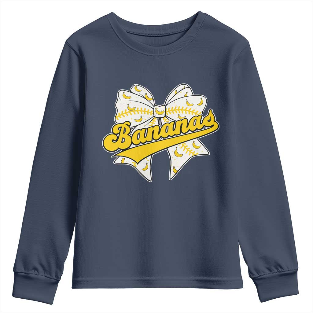 Bananas Coquette Bow Youth Sweatshirt Retro Throwback Popular Fruit Humor Banana Classic TS10 Navy Print Your Wear