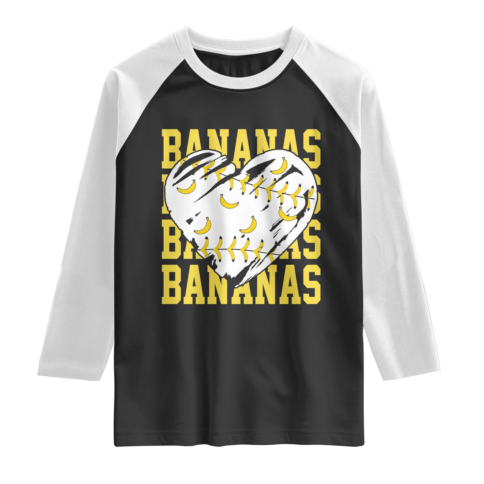 Retro Bananas Raglan Shirt Vintage Baseball Heart Graphic Game Day Gifts TS10 Black White Print Your Wear