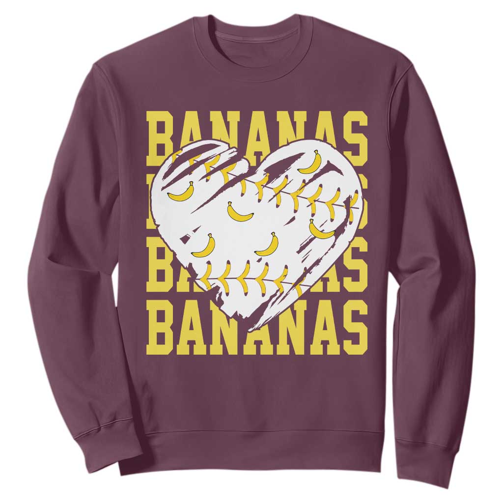 Retro Bananas Sweatshirt Vintage Baseball Heart Graphic Game Day Gifts TS10 Maroon Print Your Wear