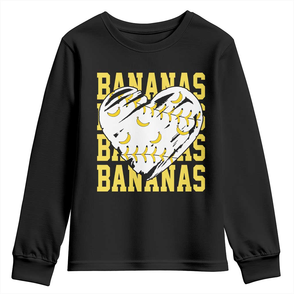 Retro Bananas Youth Sweatshirt Vintage Baseball Heart Graphic Game Day Gifts TS10 Black Print Your Wear