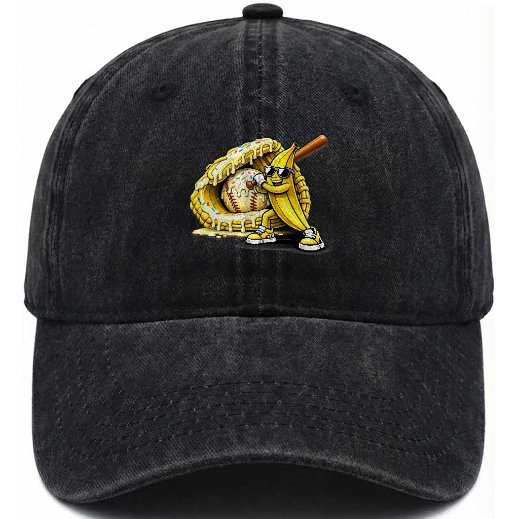 Baseball Banana Washed Cotton Baseball Cap Funny Baseball Glove Drip Kids Youth Boys Girls TS10 Washed Cap Universal Fit Black Print Your Wear