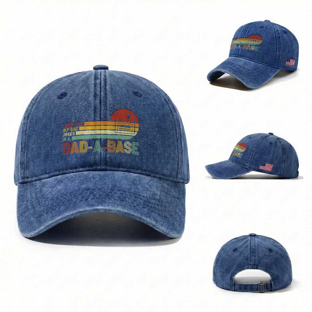 Funny Dad Jokes In A Dad-a-base Washed Cotton Baseball Cap Retro Vintage Fathers Day TS10 Washed Cap Universal Fit Royal Blue Print Your Wear